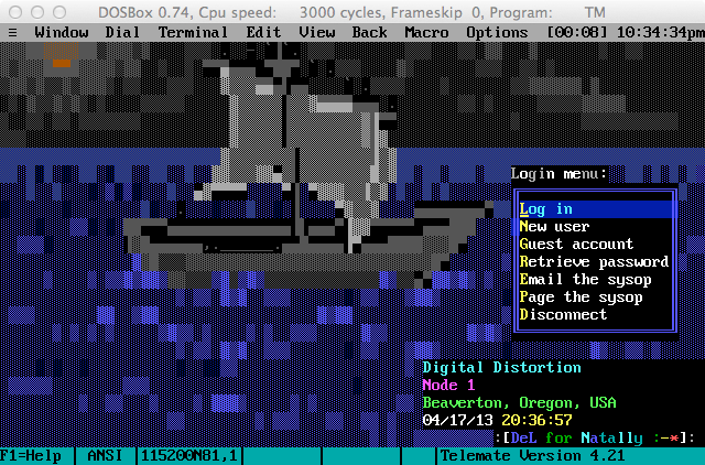 Login screen for Digital Distortion BBS as seen in Telemate under DOSBox.