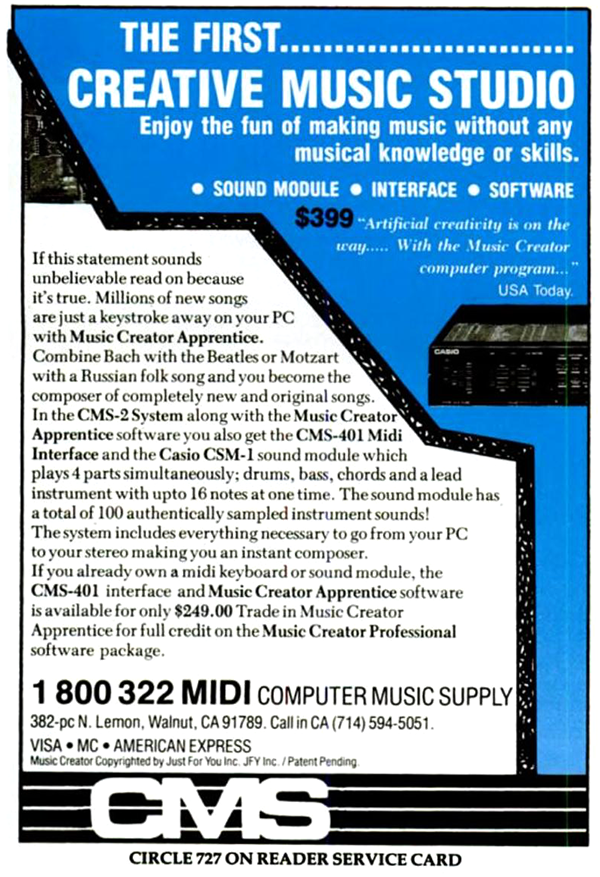 An ad for The Music Creator placed in the July 1989 issue of PC Magazine by Computer Music Supply.